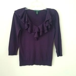 Lauren Ralph Lauren V- Neck Purple Ruffle Sweater Size Small Petite